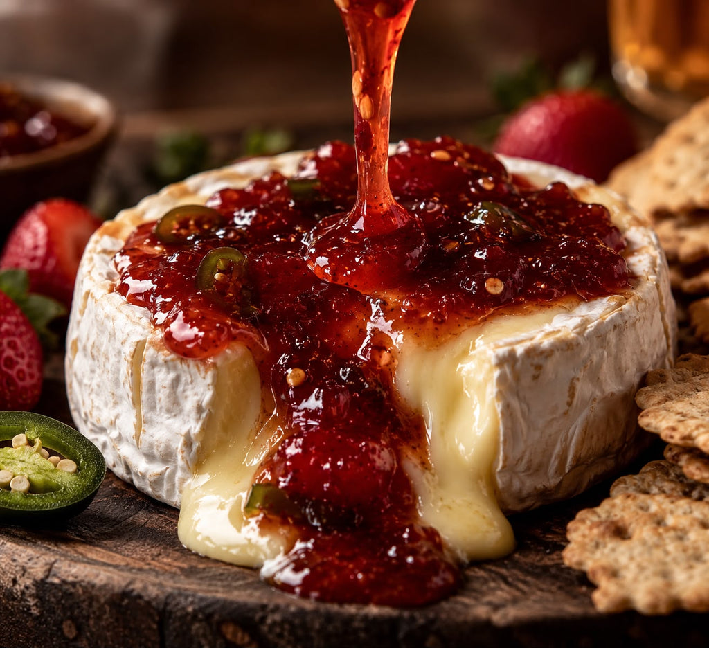 Berry Hot spooned over a warm baked brie, jalapeno slices visible, crackers and strawberries alongside