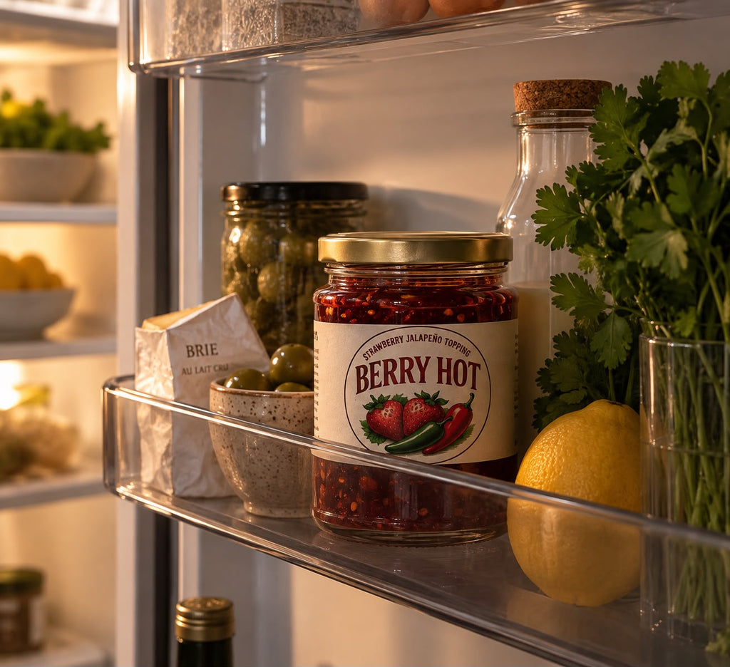 An opened jar of Berry Hot on a fridge shelf beside brie, olives, a lemon and fresh parsley