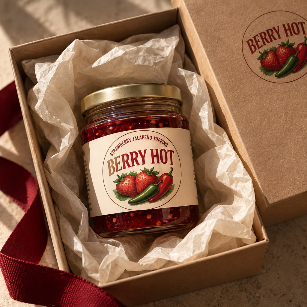 A jar of Berry Hot nested in tissue in a kraft gift box with a deep red ribbon and a branded lid