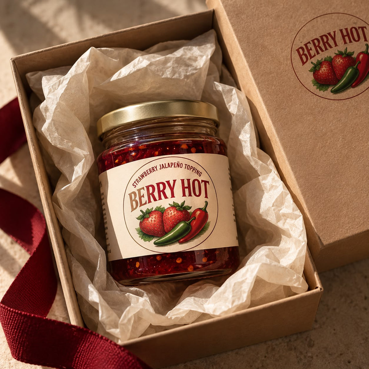 A jar of Berry Hot nested in tissue in a kraft gift box with a deep red ribbon and a branded lid