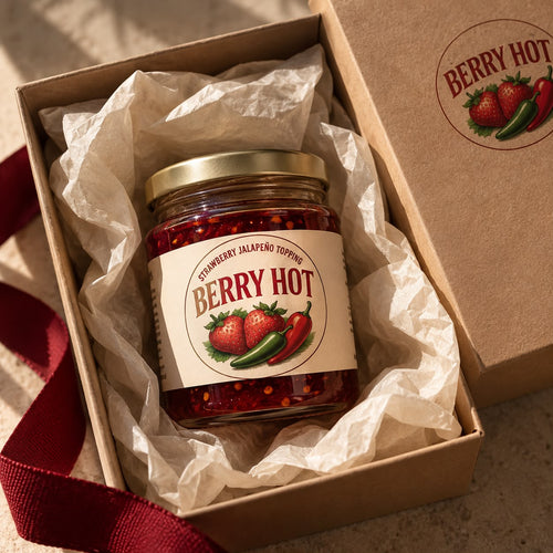 A jar of Berry Hot nested in tissue in a kraft gift box with a deep red ribbon and a branded lid