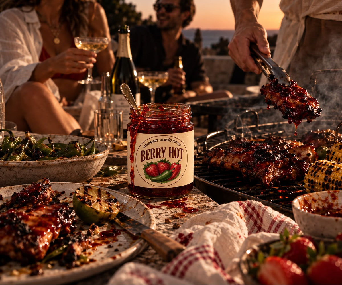 A jar of Berry Hot open on a sunset table beside sticky ribs on the grill, grilled corn and blistered peppers