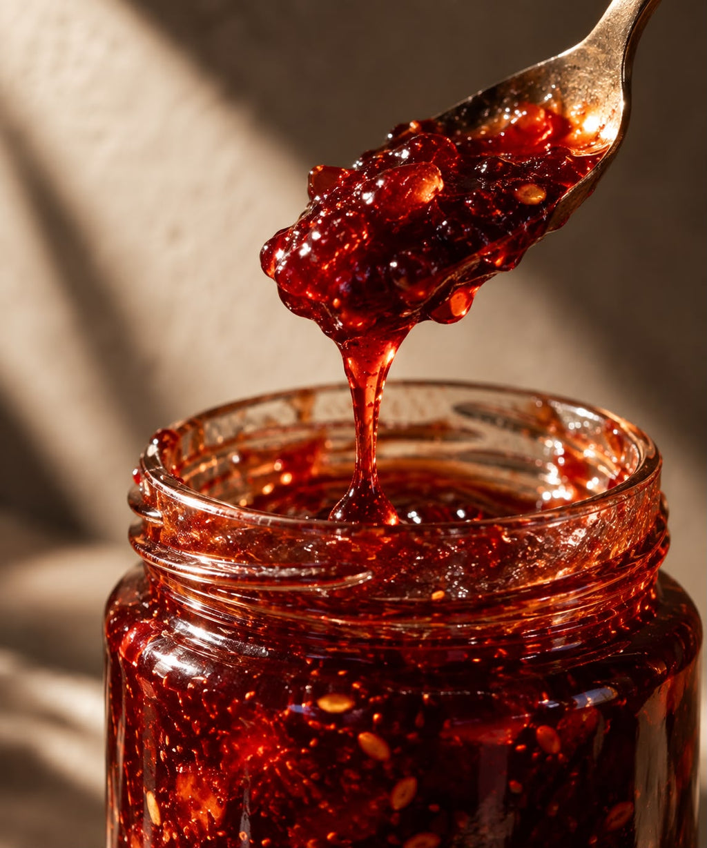 A spoonful of Berry Hot lifted from an open jar in warm light, thick with fruit and jalapeno seeds